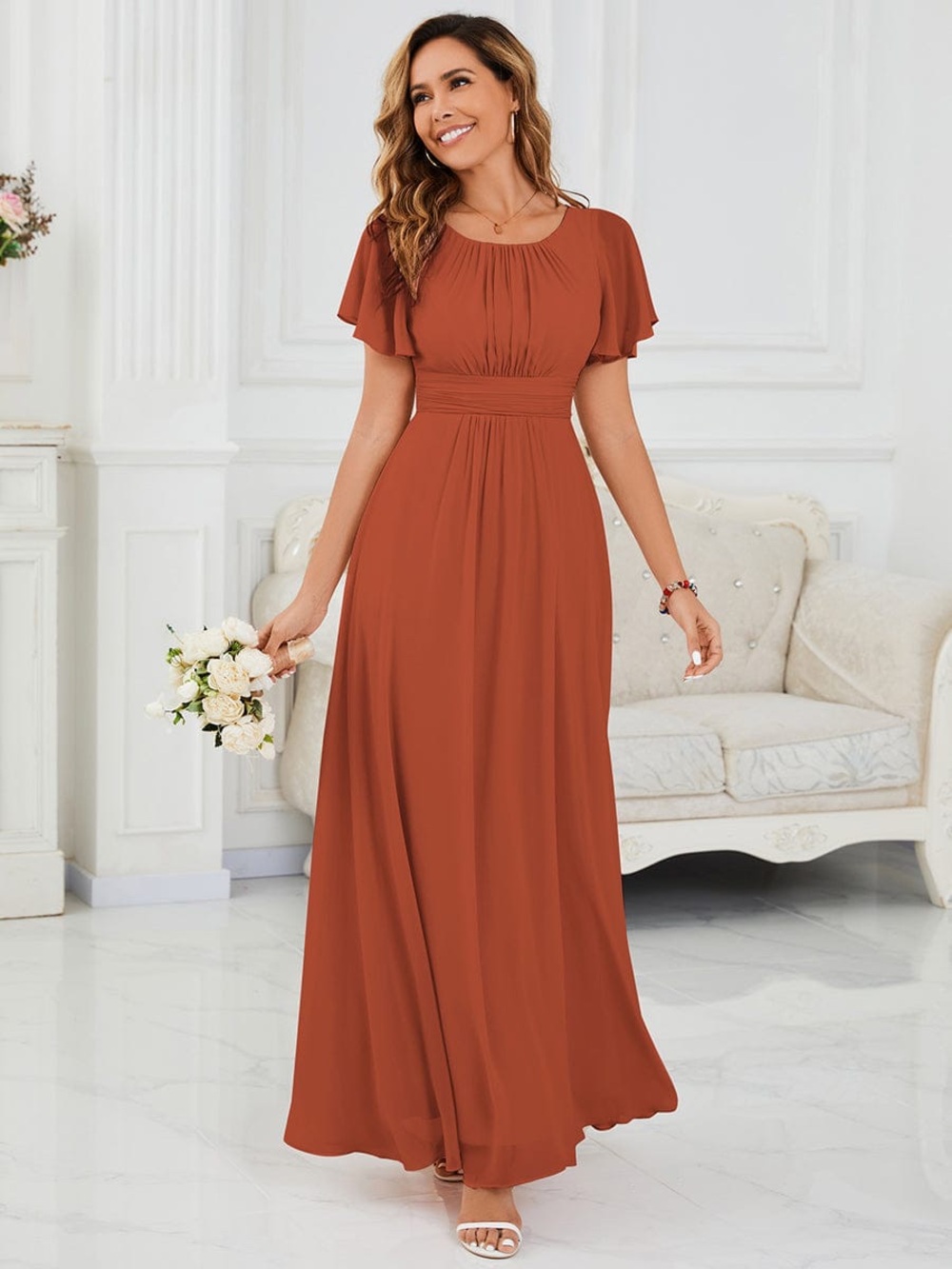 Ever Pretty~ Rust Maxi Dress with Flutter Sleeves